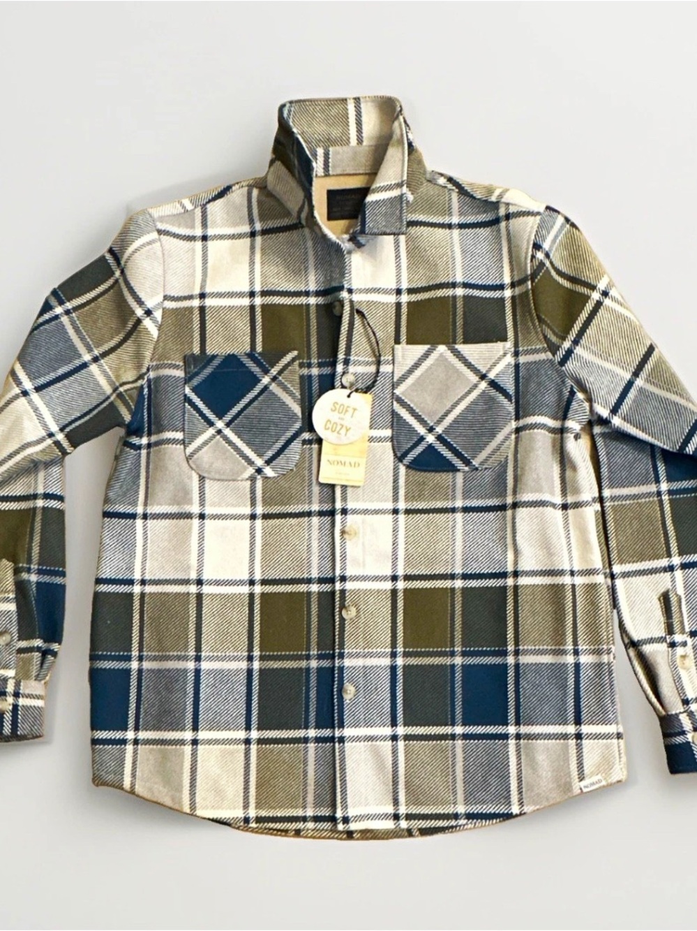 Nomad Plaid Button-Up Shacket in Olive, Navy & Cream NWT